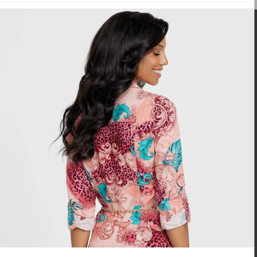 SOLD Pink and Blue Patterned Shirt Dress - Picture 5 of 12